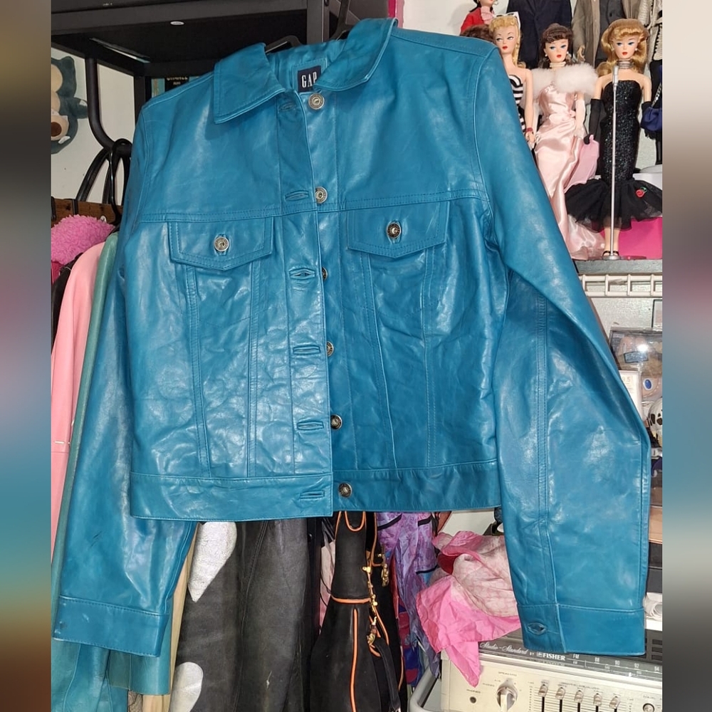 2000s Blue Leather Gap Trucker Jacket